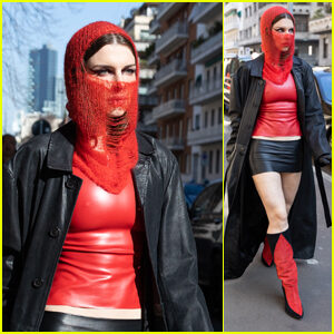 Julia Fox Wears a Sheer Red Balaclava & Ugg Boots During Milan Fashion Week 2022