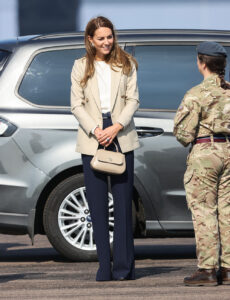 BRIZE NORTON, ENGLAND - SEPTEMBER 15: Catherine, Duchess of Cambridge arrives to meet those who supported the UK's evacuation of civilians from Afghanistan, at RAF Brize Norton on September 15, 2021 in Brize Norton, England. Operation PITTING, the largest humanitarian aid operation for over 70 years, ran between 14th and 28th August, where in excess of 15,000 people were flown out of Kabul by the Royal Air Force. (Photo by Chris Jackson/Getty Images)