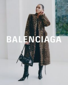 Kim Kardashian wearing a leopard-print coat in her Balenciaga campaign