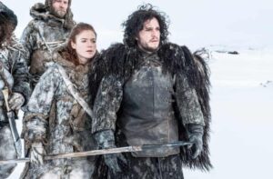 Harington as Jon Snow and his wife, Rose Leslie, as Ygritte in Game of Thrones.