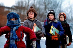 Ralphie, his brother, and his neighborhood friends from A Christmas Story