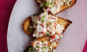 Crab and cucumber toasts.