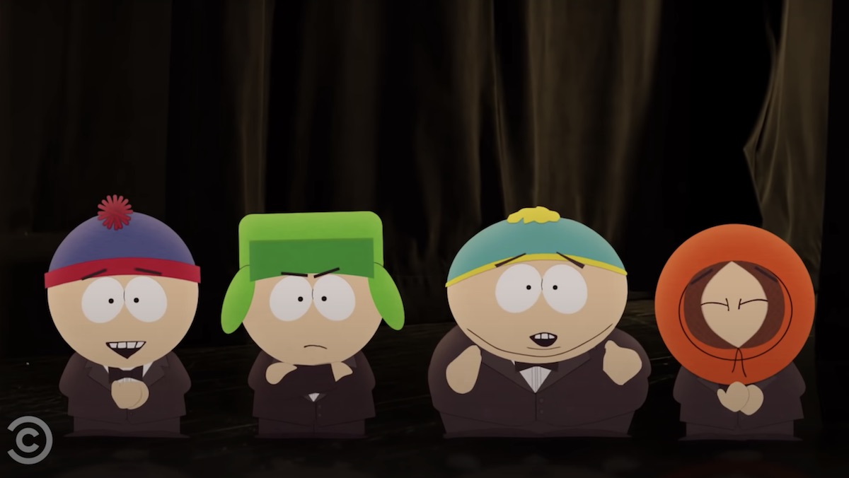 The four South Park boys dressed in tuxedoes for the Broadway orchestral version of Kyle's Mom 