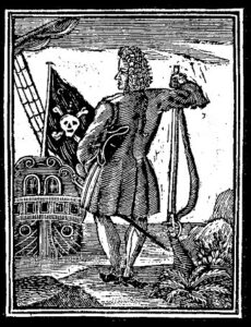 Drawing of pirate with crossbones flag.