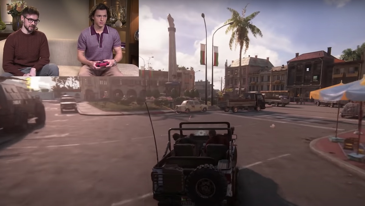 A picture-in-picture of Tom Holland playing Uncharted 4