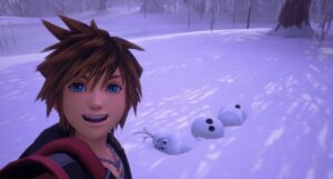 Sora takes a selfie with dead Olaf