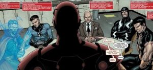 Marvel comic book panels showing Doctor Strange, Mr. Fantastic, Iron Man, Professor X, Black Bolt, and Namor.