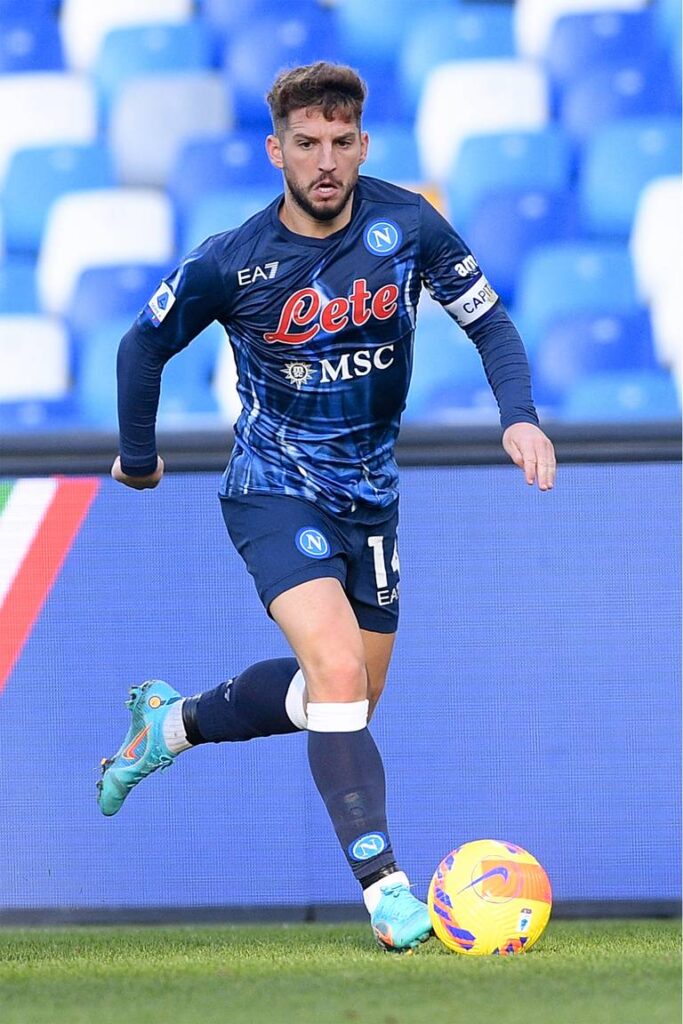 Napoli team captain Dries Mertens in matchwear designed by Giorgio Armani.