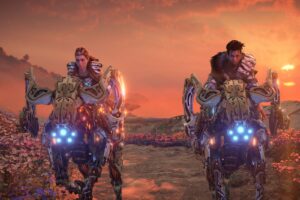 Screenshot of Horizon Forbidden West featuring two characters riding robotic animals