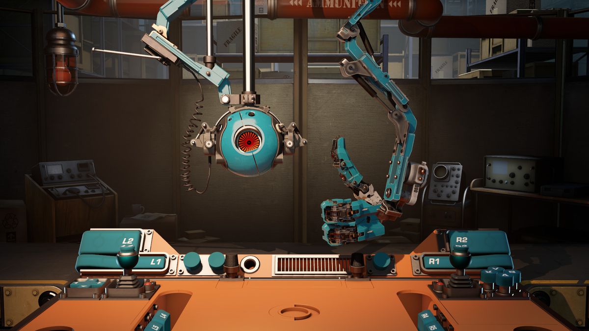 a turquoise painted robot flashes a thumbs-up in Aperture Desk Job