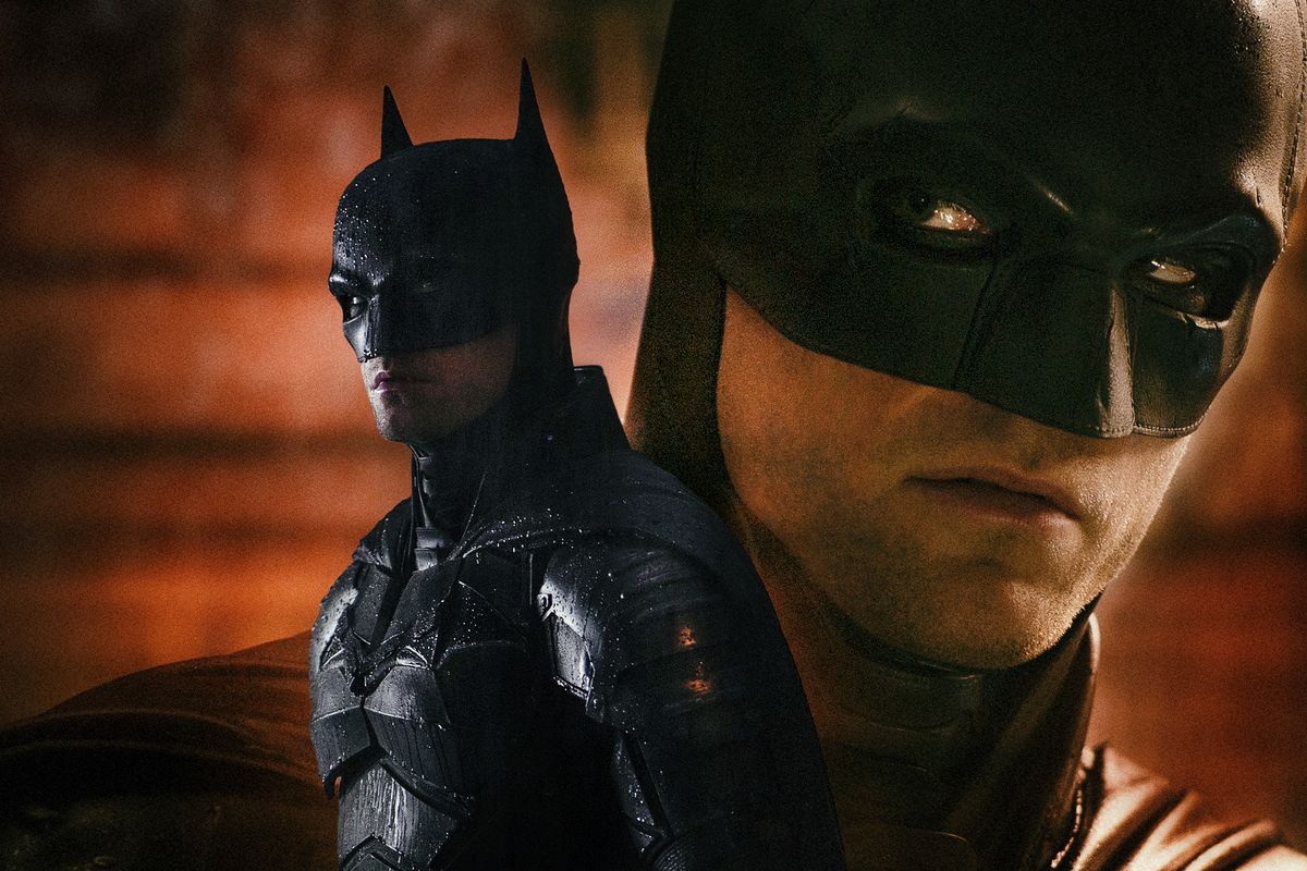 Photo composition of two images of Robert Pattinson as Batman from the movie “ The Batman”