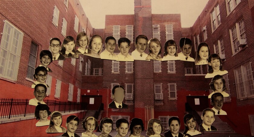 Black-and-white school photos of kids surround one classmate's against the backdrop of an old brick school.