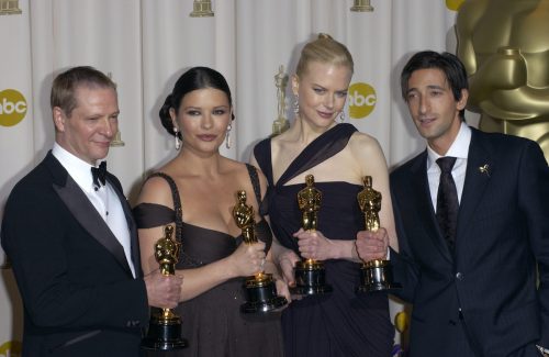Chris Cooper, Catherine Zeta-Jones, Nicole Kidman, and Adrien Brody holding their Oscars at the 2003 show