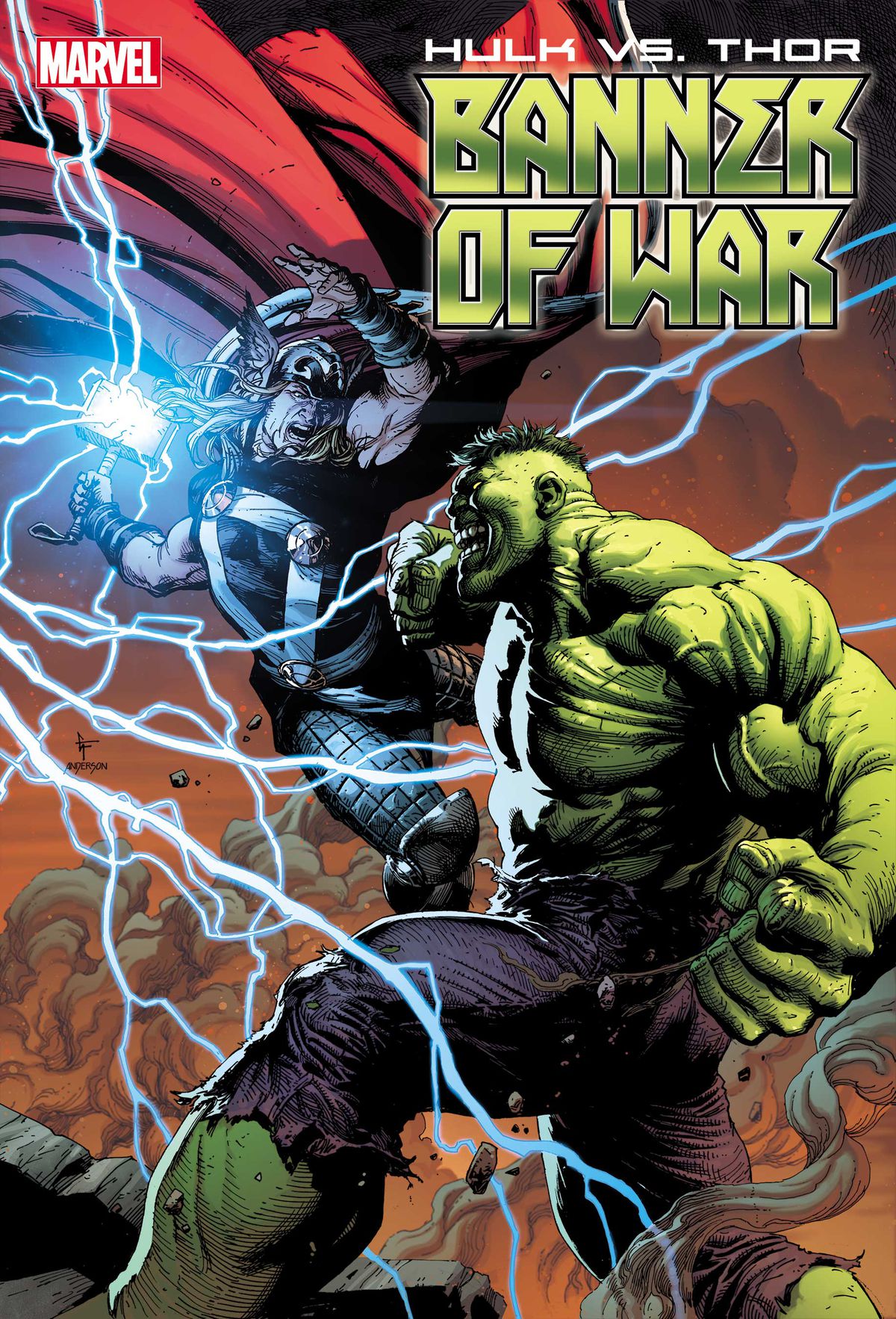 Thor’s hammer crackles with electricty as he brings it down on an angry Hulk on the cover of Hulk vs. Thor: Banner of War Alpha 1 #1 (2022). 