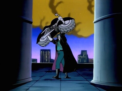 Screenshot from Spider-Man: The Animated Series showing Morbius throwing bike.