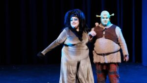 photo of shreklesque show with two characters in shrek burlesque show