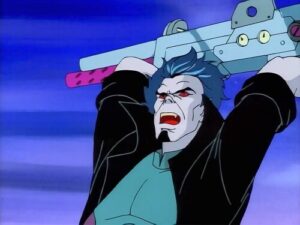 Screenshot from Spider-Man: The Animated Series showing Morbius throwing recombinator.