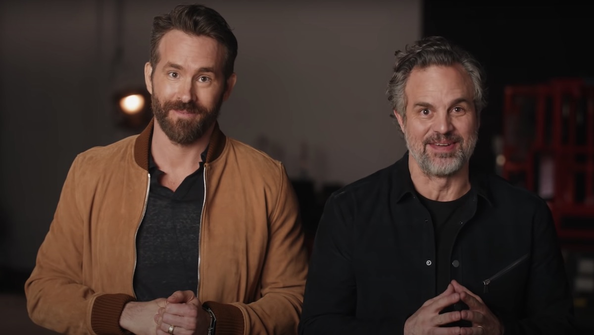 Ryan Reynolds and Mark Ruffalo in an empty studio introducing Christopher Lloyd in a The Adam Project promo