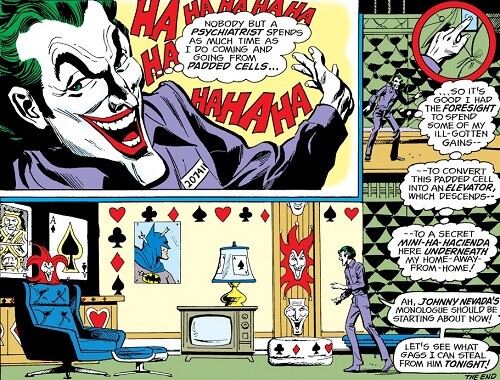 Batman comic panel showing the Joker's secret hideout under Arkham Asylum.