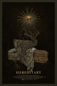 Richey Beckett's art for Mondo's print of A24's Hereditary shows vines growing out of a casket, leading up to a crown.