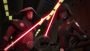 inquisitors from star wars rebels hold circular red beamed lightsabers