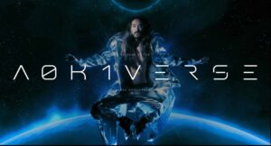 Steve Aoki floating in space with a silver jacket and "Welcome To the aokiverse" printed in text over him