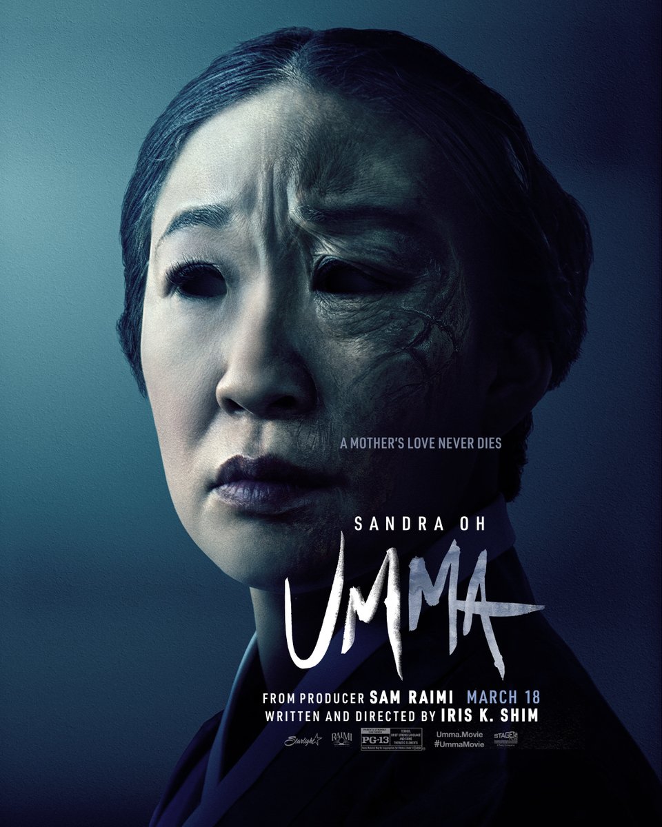 the film poster for umma with sandra oh and half of her face covered with an older woman's