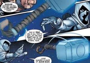 Moon Knight fighting Thor in Avengers comic.
