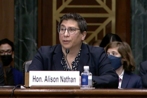 Judge Alison Nathan testifies during her confirmation hearing before the Senate Judiciary Committee in December 2021.