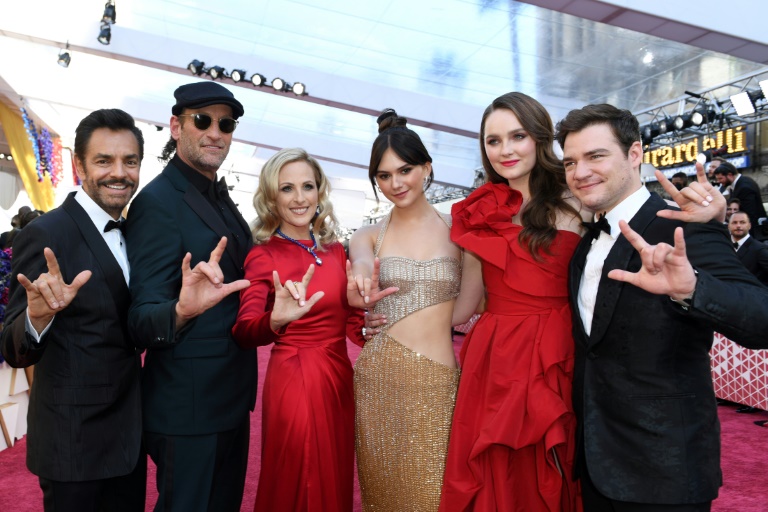 The cast of "CODA" -- (L-R) Eugenio Derbez, Troy Kotsur, Marlee Matlin, Emilia Jones, Amy Forsyth and Daniel Durant -- saw their efforts rewarded with the Oscar for best picture