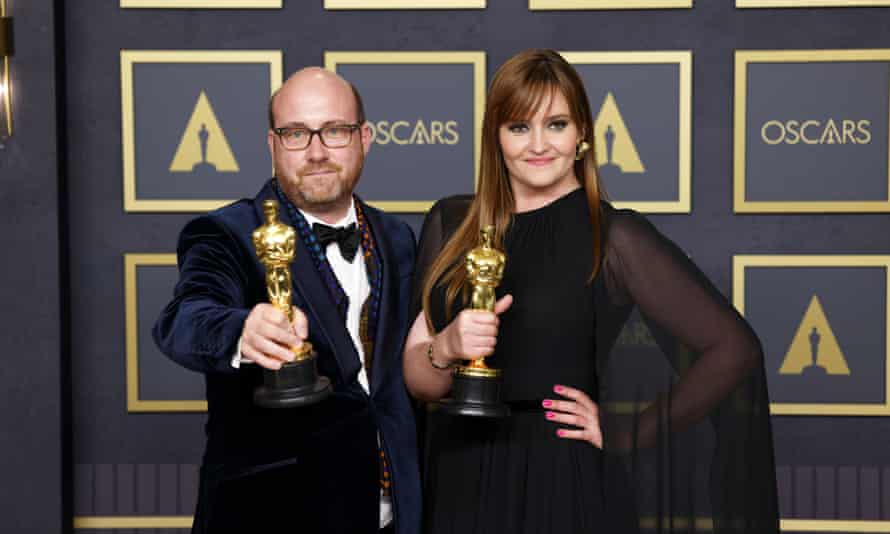 Set in sand … Dune’s production designers Patrice Vermette and Zsuzsanna Sipos with their Oscars.