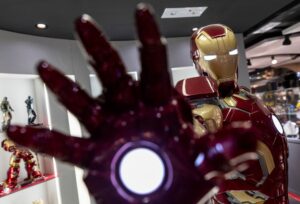 A human-sized Iron Man figure is displayed at a store in Hong Kong. In "Avengers: Infinity War," a conversation between Iron Man and Spider-Man includes a few messy details.