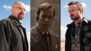Bryan Cranston as Walter White, Bob Odenkirk as Saul Goodman, and Aaron Paul as Jesse Pinkman. Breaking Bad's Cranston and Paul will appear on Better Call Saul.