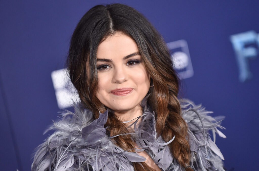 Selena Gomez wearing her hair in braids and a feathered top in 2019