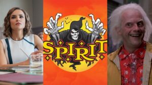 A side by side of Rachael Leigh Cook, the Spirit Halloween Logo, and Christopher Lloyd