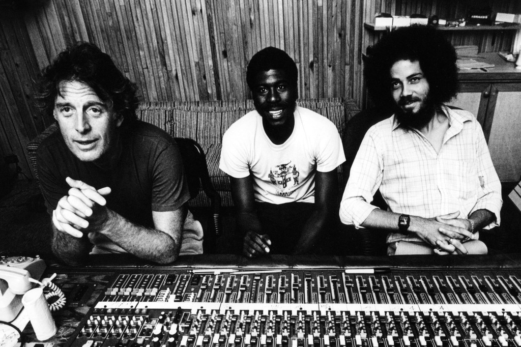 Chris Blackwell at Compass Point (Bahamas) Studio with engineer Steven Stanley (far right).