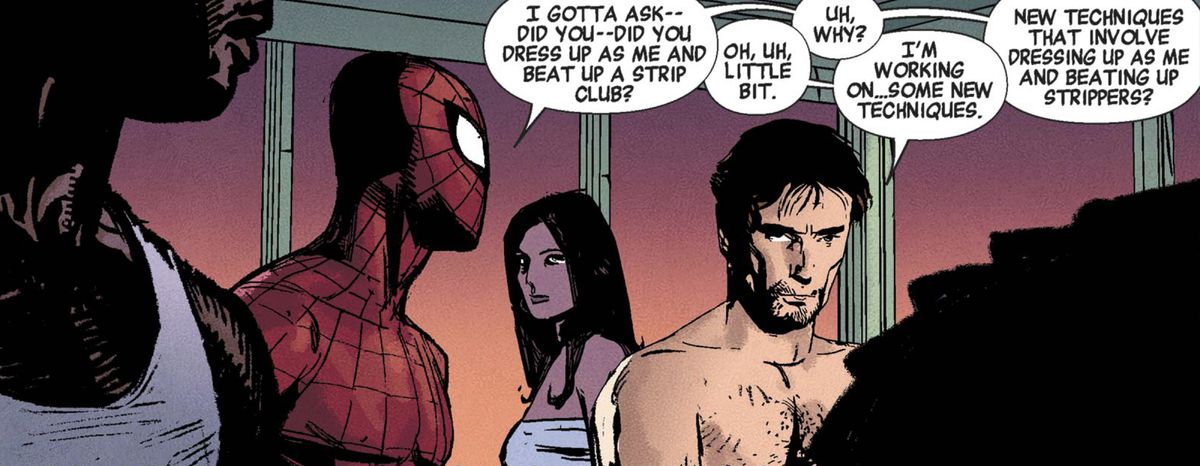 “I gotta ask,” says Spider-Man, “Did you — did you dress up as me and beat up a strip club?” “Oh, uh,” replies Moon Knight, “little bit. [...] I’m working on...some new techniques.” “New techniques that involve dressing up as me and beating up strippers?” asks Spider-Man in Moon Knight #6 (2011). 