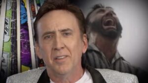 Nick Cage in front of comic book pages and his own face creaming