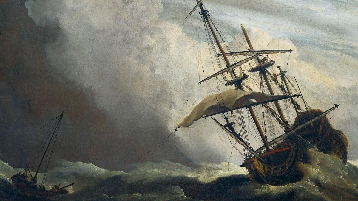 A painterly image of a tall ship in a storm, and a smaller ship nearby.