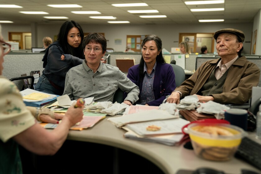 Stephanie Hsu, left, Ke Huy Quan, Michelle Yeoh and James Hong in “Everything Everywhere All at Once.”