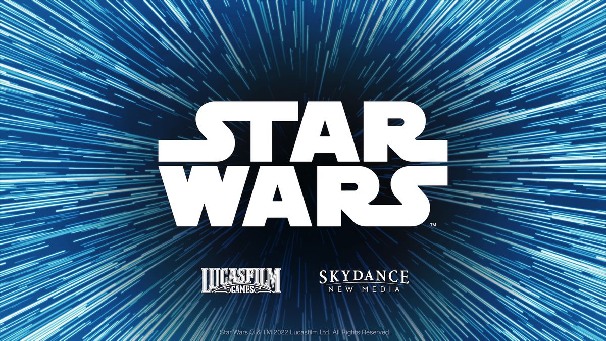 The Star Wars logo on a hyperspace background with logos for Lucasfilm Games and Skydance New Media