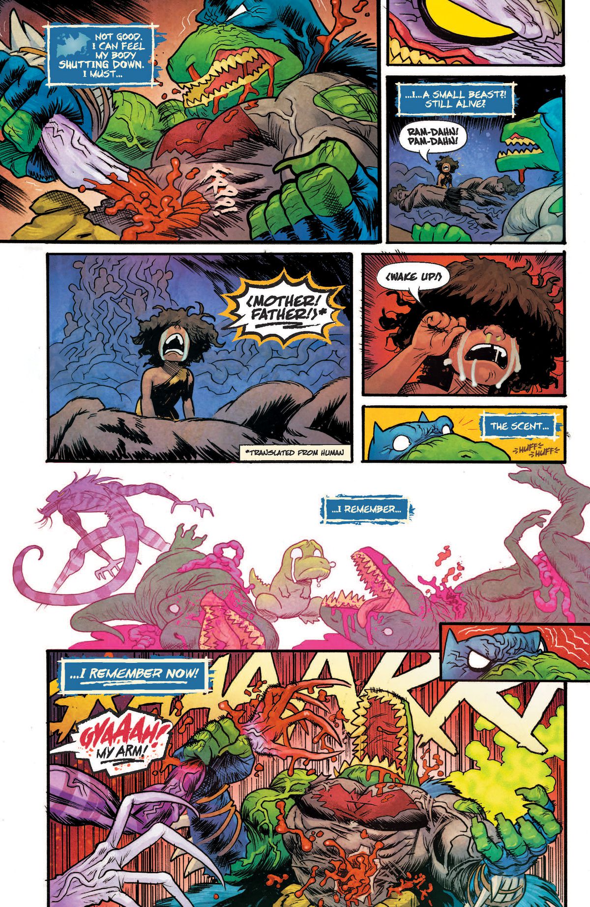 In the midst of battle with Jokerzard, Batsaur sees a small human child crying over its dead parents, and has a flashback to his origin story. The panel depicts two eviscerated adult allosauruses in a gruesome and humorous way, with Jokerzard slinking away in the background. A very small and more cartoony Batsaur sits between his dead parents, crying huge tears from his huge cute eyes. “I remember,” thinks Batsaur, “I remember now!” in Jurassic League #1 (2022).