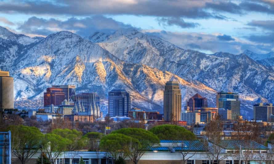 Downtown Salt Lake City, Utah, in early spring with the Wasatch Range in the background.