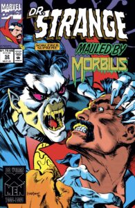 Morbius, a fearsome vampire-like villain, clutches his long, sharp nails around the head of a struggling Doctor Strange on the cover of Doctor Strange, Sorcerer Supreme #52 (1993).