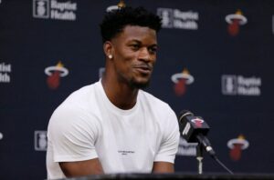 Miami Heat power forward Jimmy Butler speaking a press conference in 2019