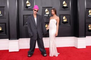 The Biebers walk the red carpet for the 64th Annual Grammy Awards on April 3 in Las Vegas, Nevada.