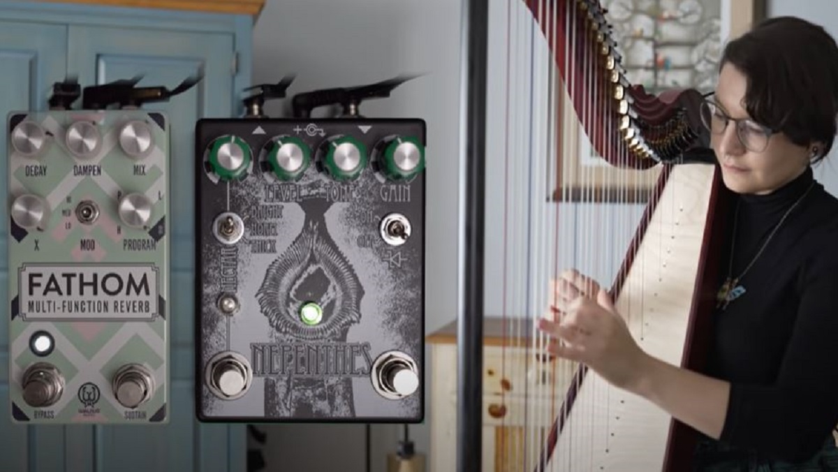 Emily Hopkins plays the heavy metal harp with a distortion pedal. 