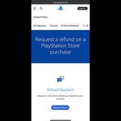 <em>The PlayStation Store’s refund page on mobile, with the blue “Request refund” button.</em>