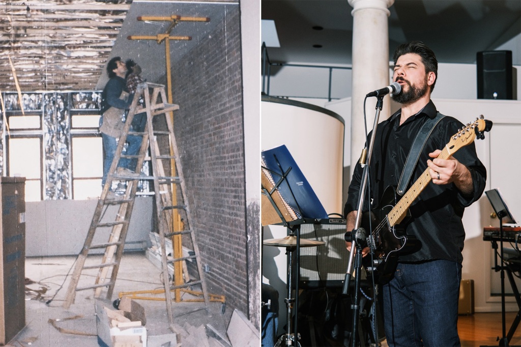 Side by side of Cody Myers and the old firehouse being fixed up.