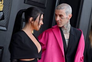 LAS VEGAS, NEVADA - APRIL 03: Kourtney Kardashian and Travis Barker attend the 64th Annual GRAMMY Awards at MGM Grand Garden Arena on April 03, 2022 in Las Vegas, Nevada. (Photo by Axelle/Bauer-Griffin/FilmMagic)